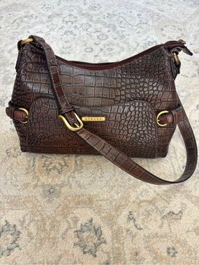 Strada Dark Brown Croc-Embossed Shoulder Bag with Gold Hardware